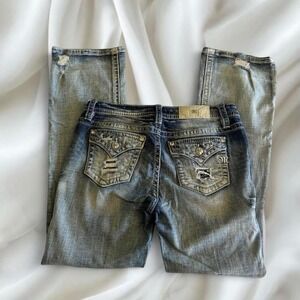 Y2K vintage Miss Me rhinestone distressed low rise denim bootcut jeans grunge